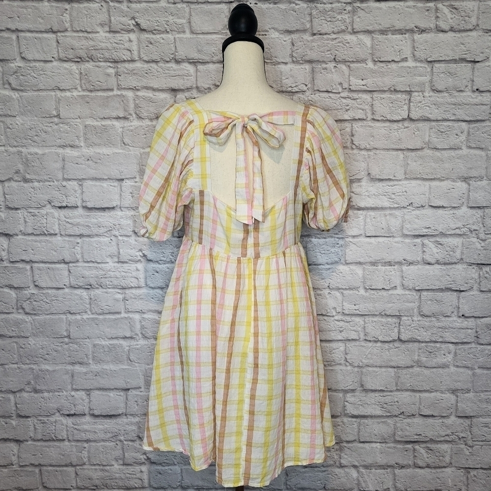 Mable Dress Babydoll White Pastel Plaid Square Neck Puff Sleeves Tie Back Size M - Picture 5 of 9